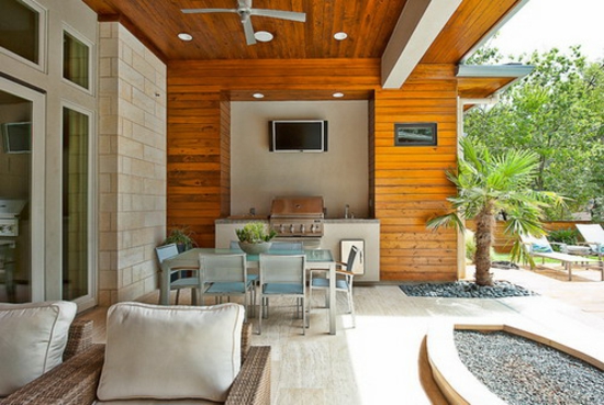 terrace design ideas porch rattan furniture palm gravel stone paving