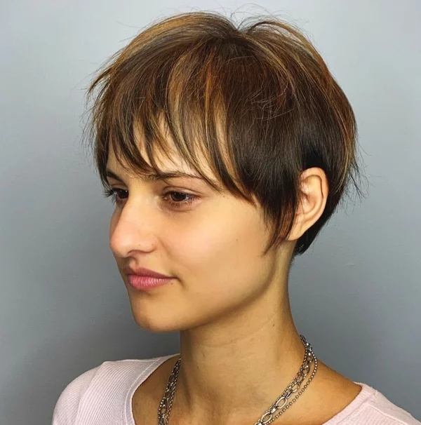 Pixie Cut with Bangs - Dark brown hair with extra long bangs