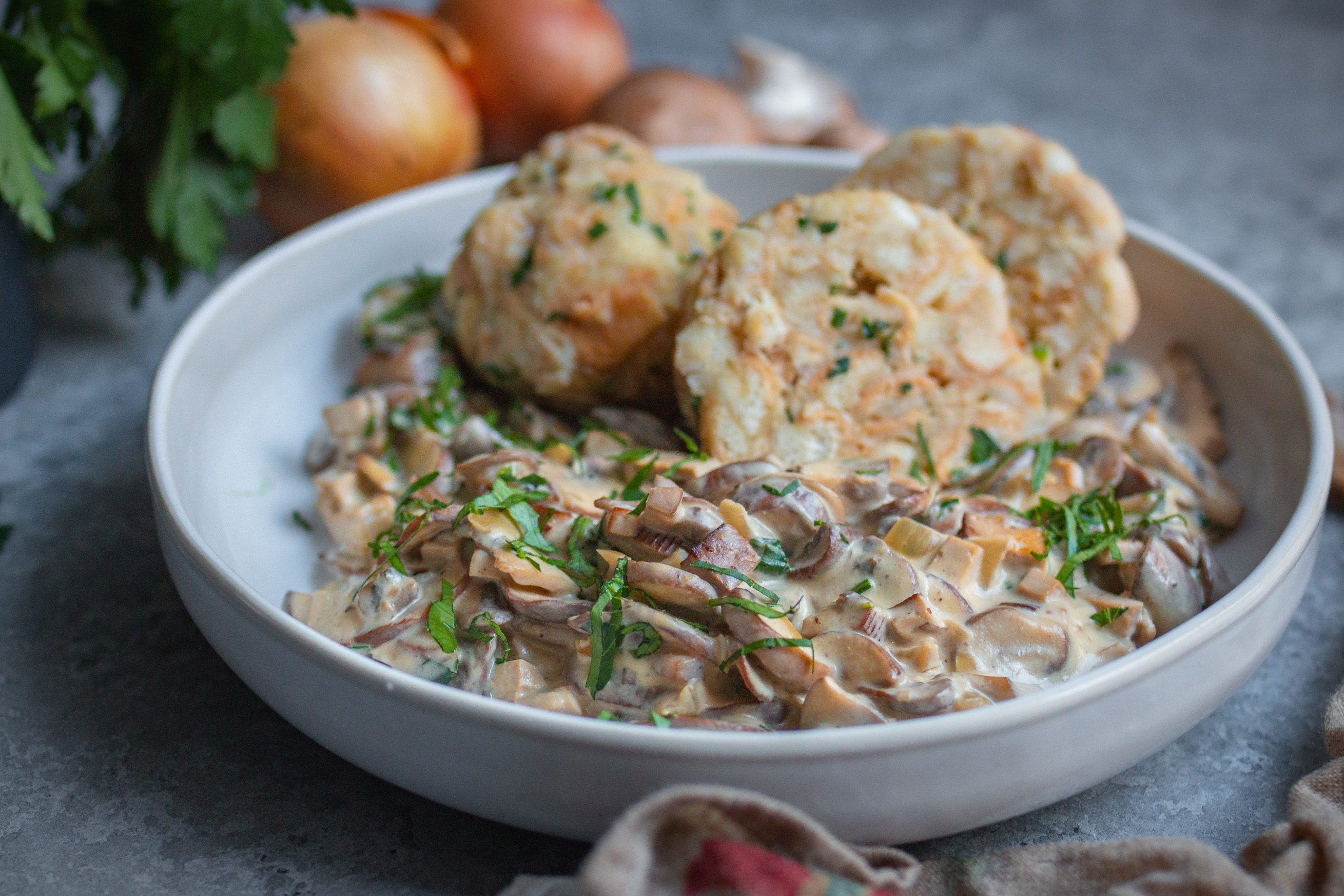Vegan cream mushrooms with vegan bread dumplings