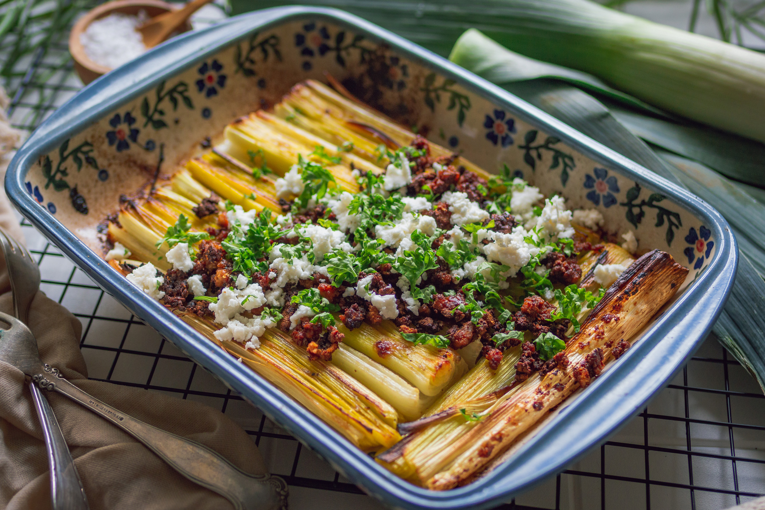 Roasted leek with tofu crumble and feta vegan