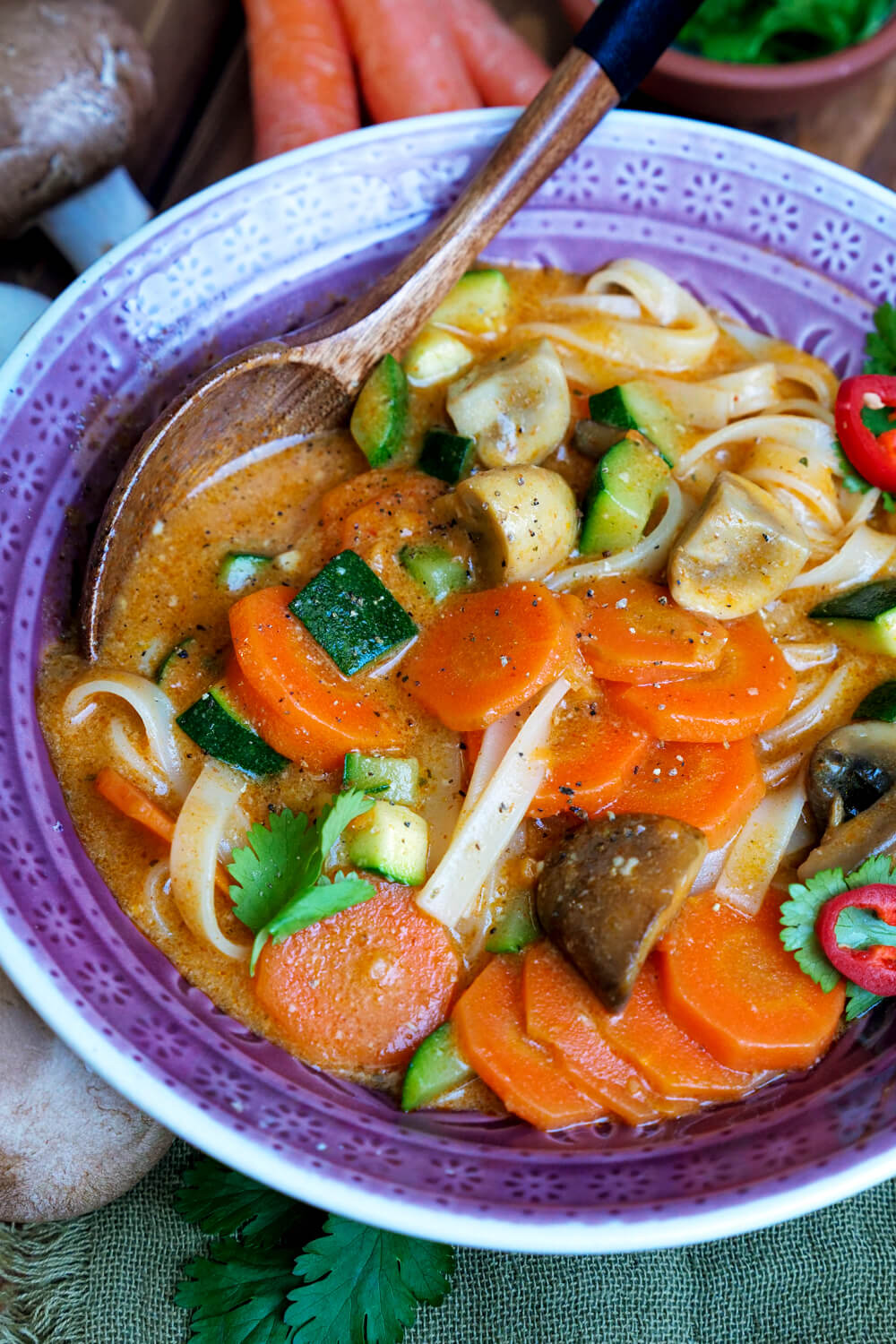 Vegetarian Thai curry soup with vegetables and coconut milk