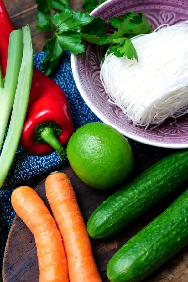 Glass noodles, peppers, cucumbers, carrots, spring onions