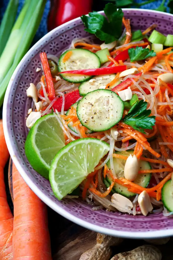 Glass noodle salad with paprika, cucumber, carrots and soy dressing