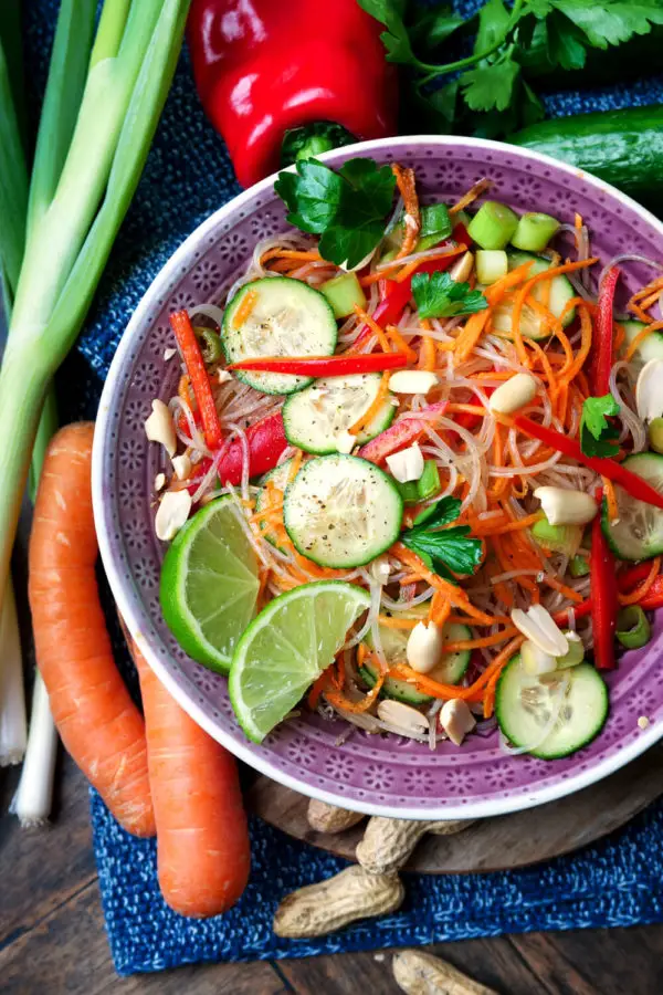 Salad with glass noodles, peppers, cucumber, carrots and soy dressing