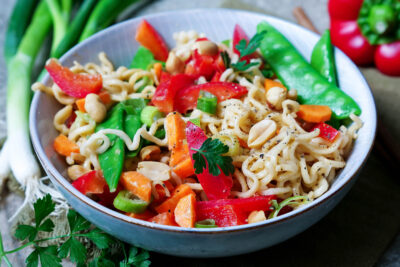 Asian pasta salad with lean noodles in the bowl