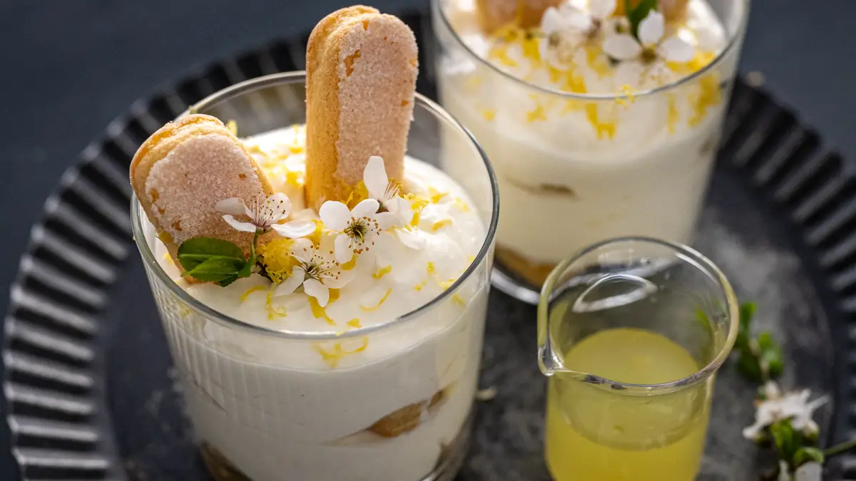 Limoncello Tiramisu in a glass - fresh Easter dessert with lemon cream from trickytine