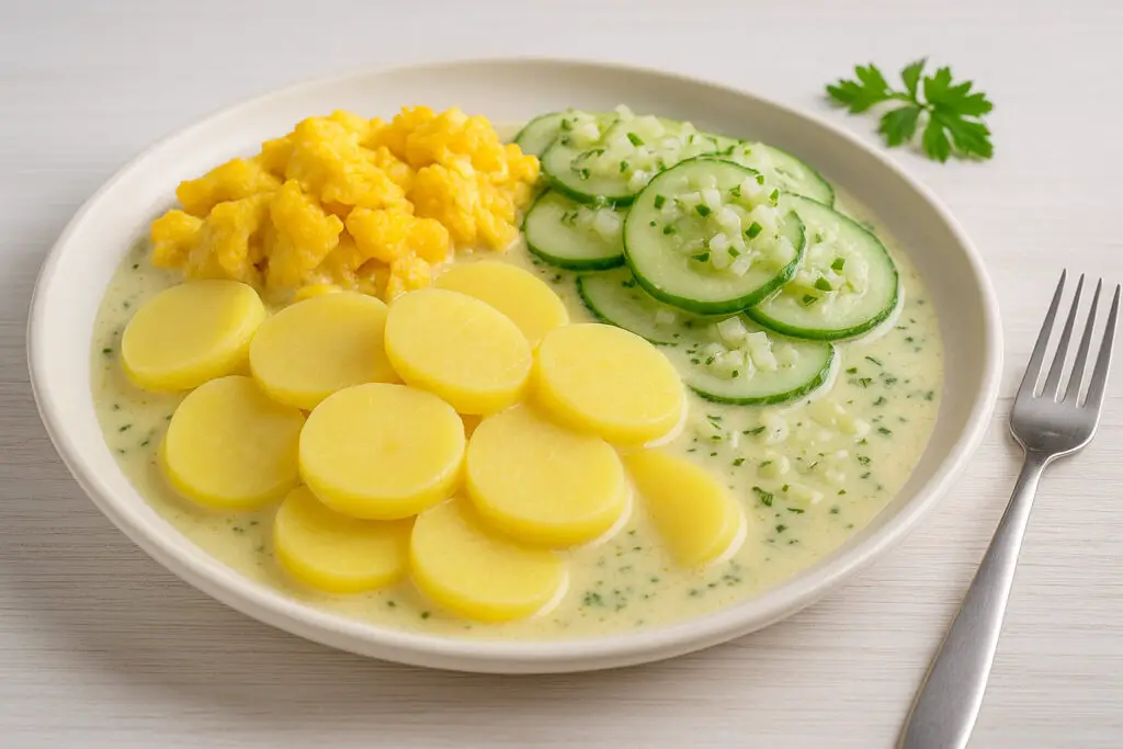 Potato cucumber salad with scrambled eggs