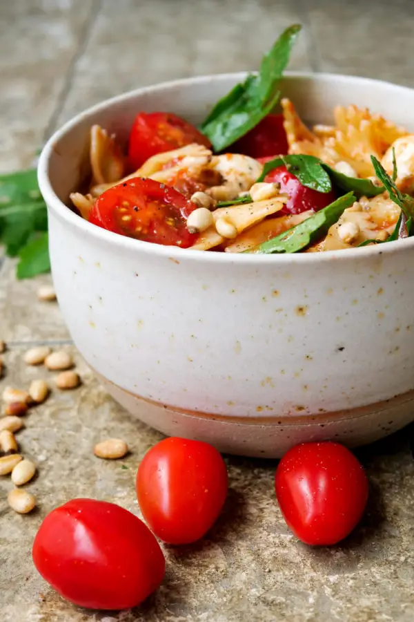 Italian pasta salad with pine nuts, Mozzarella, rocket and tomatoes in the bowl