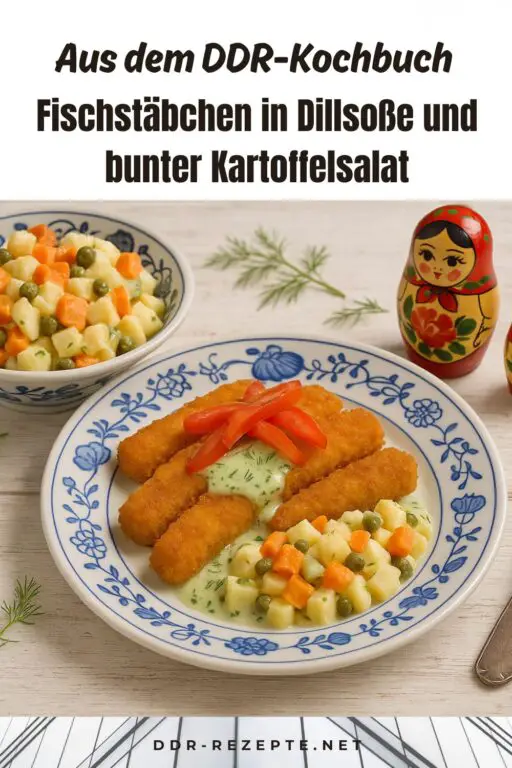 Fish sticks in dill sauce and colorful potato salad