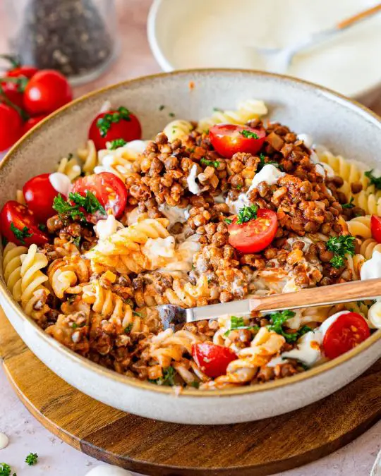 Turkish pasta with lentils vegetarian.