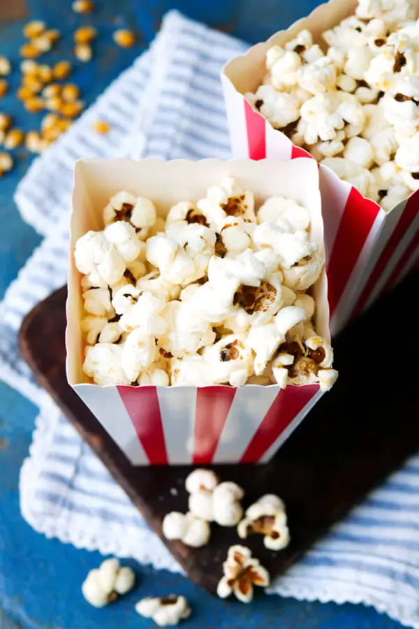 Popcorn from the hot air fryer in a popcorn bag.