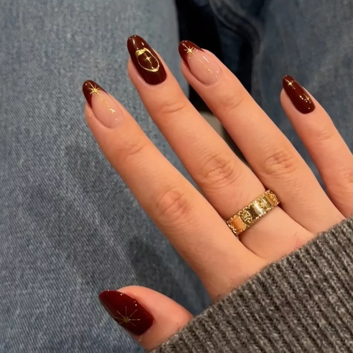 Striking manicure - nude tone combined with dark red