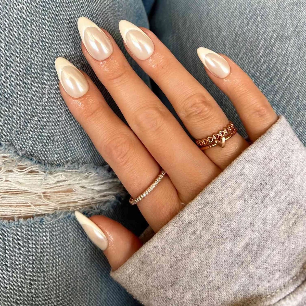 Pearl white on French nails looks elegant