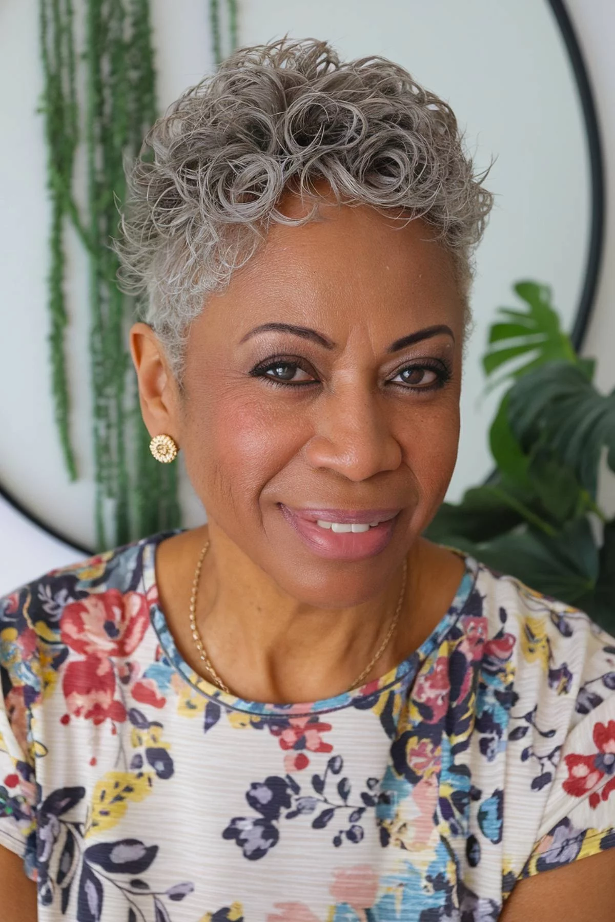 Older woman with gray hair cut short 