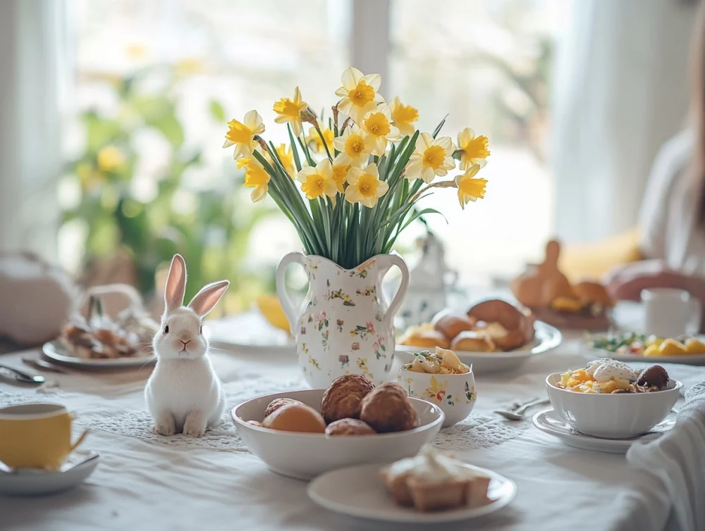 Muted table with rabbits and vase decorated with daffodil