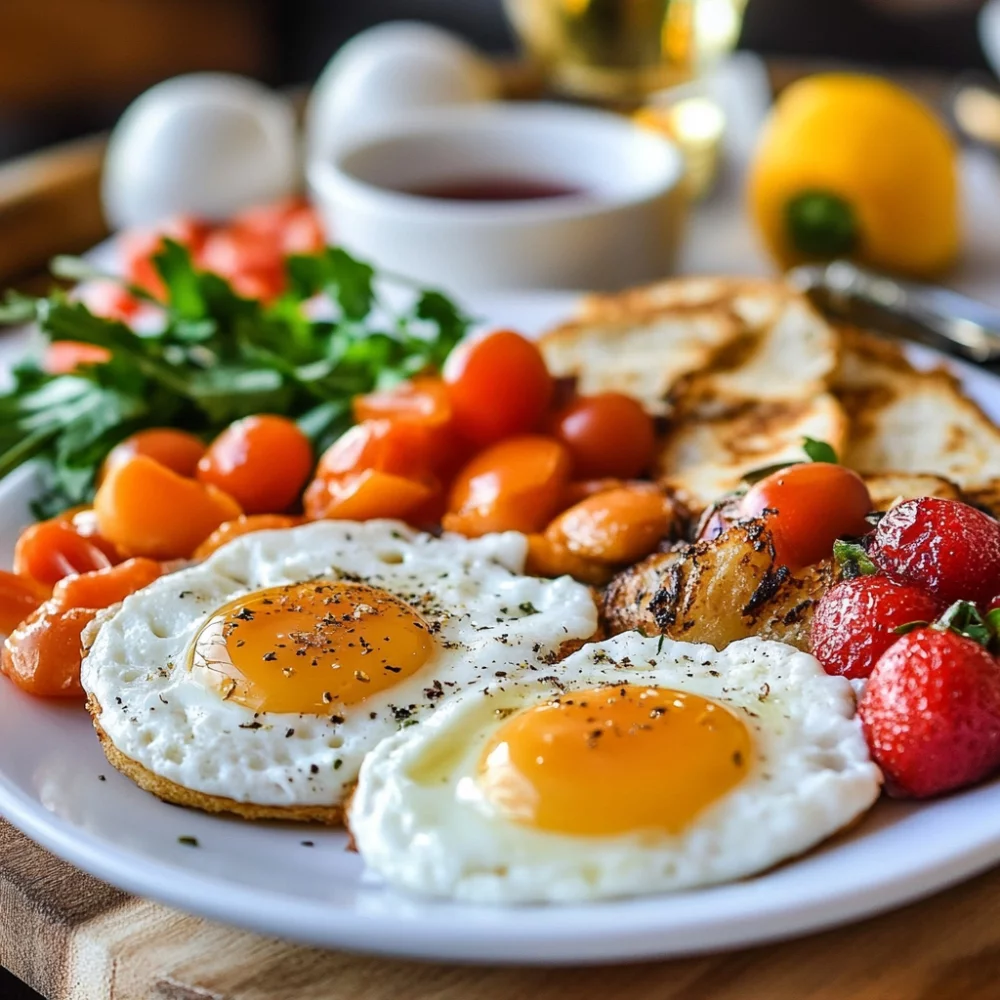 Fried eggs with tomatoes and fruit mirror eggs with tomatoes and fruits