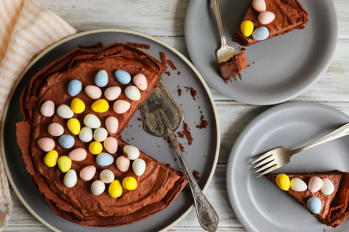 Colorful sweet Easter eggs decorate the cake