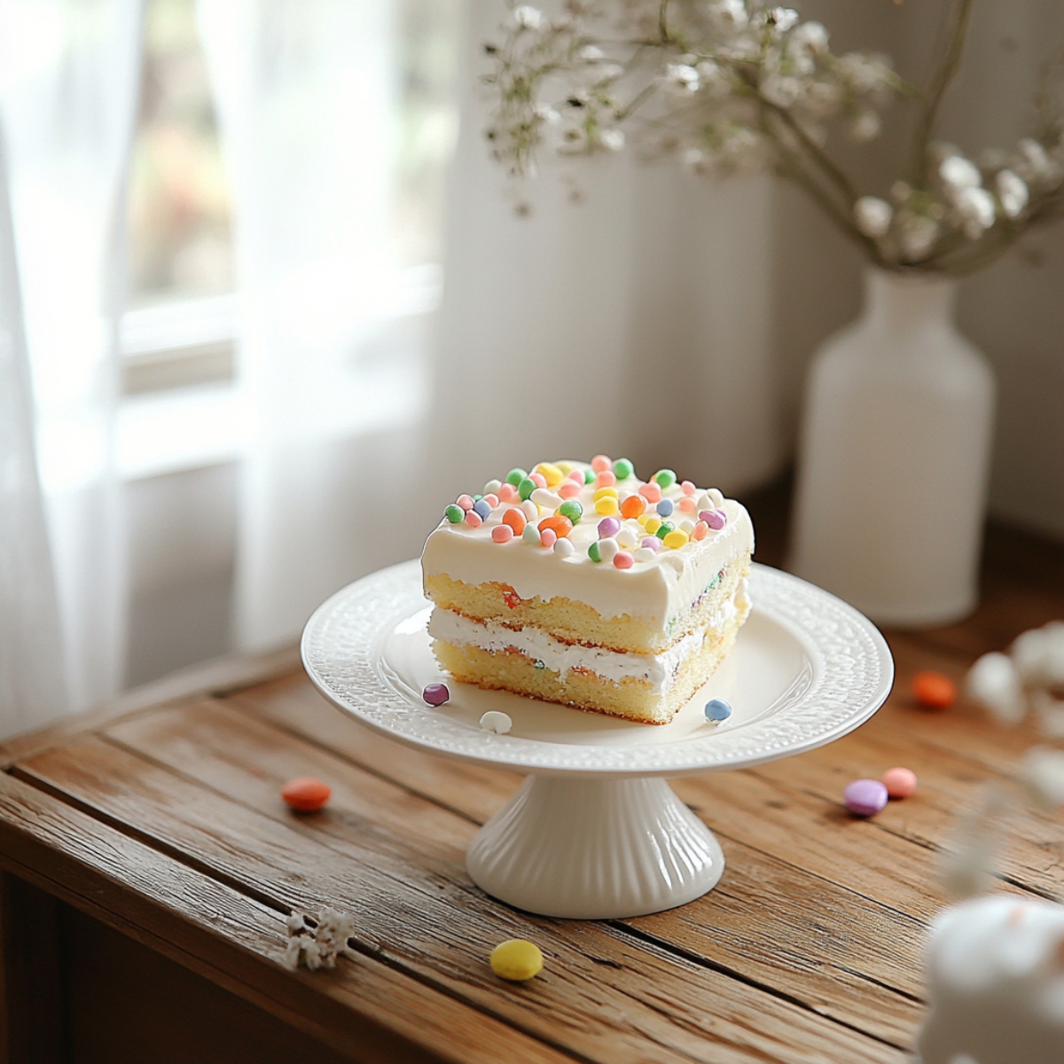 Piece of Easter cake decorated with colorful eggs