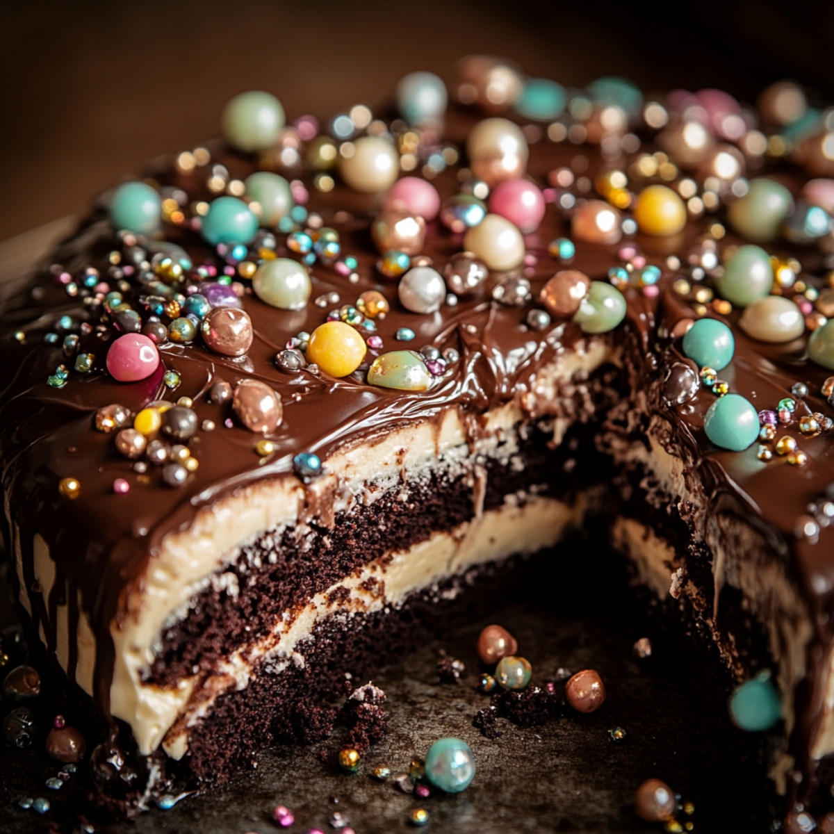 A chocolate cake with small colorful eggs