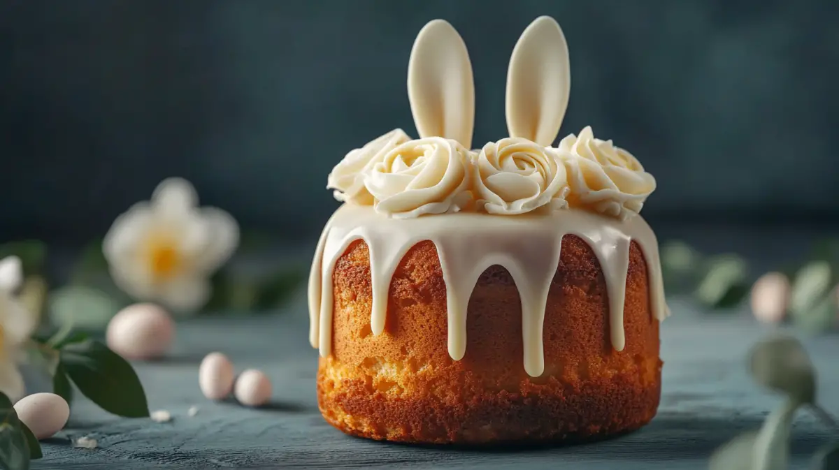 Fluffy Easter cake decorated with two Easter bunnies