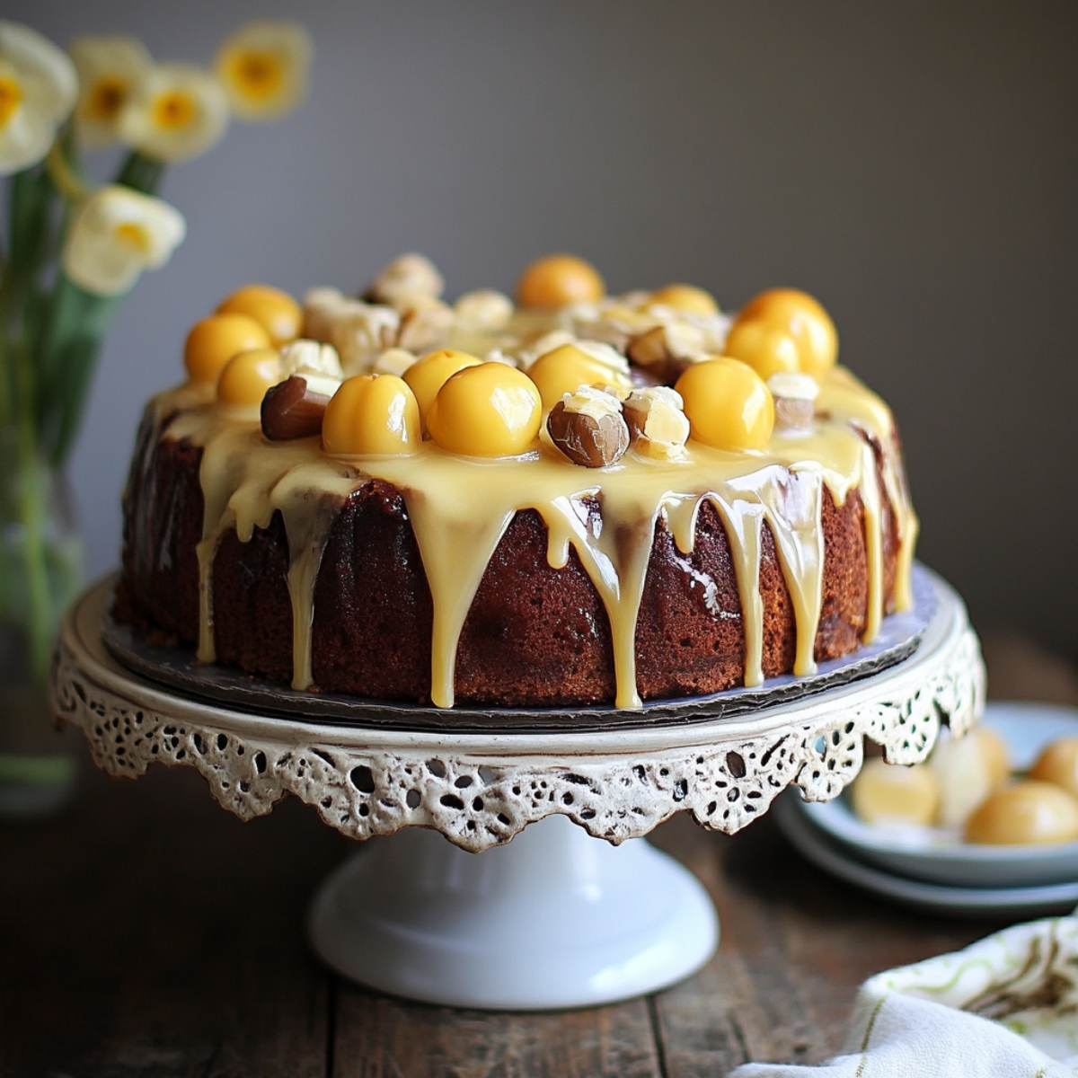 Chocolate cake with yellow decoration on it