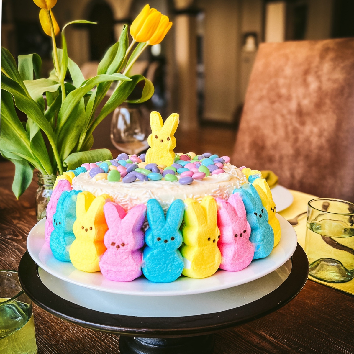 Colorful Easter cake with rabbits
