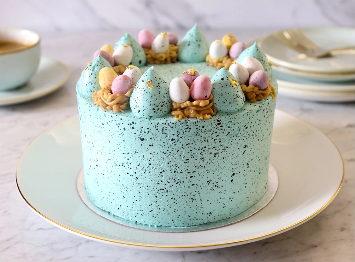 Light blue Easter cake with nuts