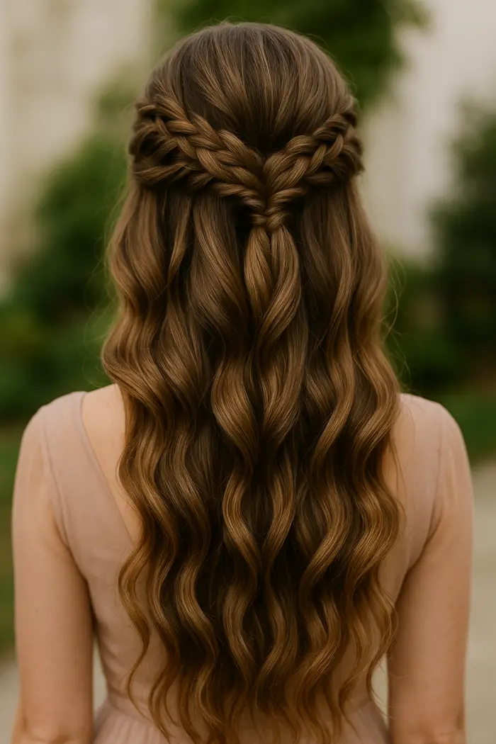 👑 Half -open hairstyle wedding guest with lichen elements for long hair