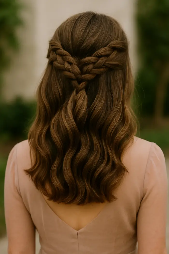 🌿 Half -open hairstyle wedding guest with lichen elements for medium -length hair