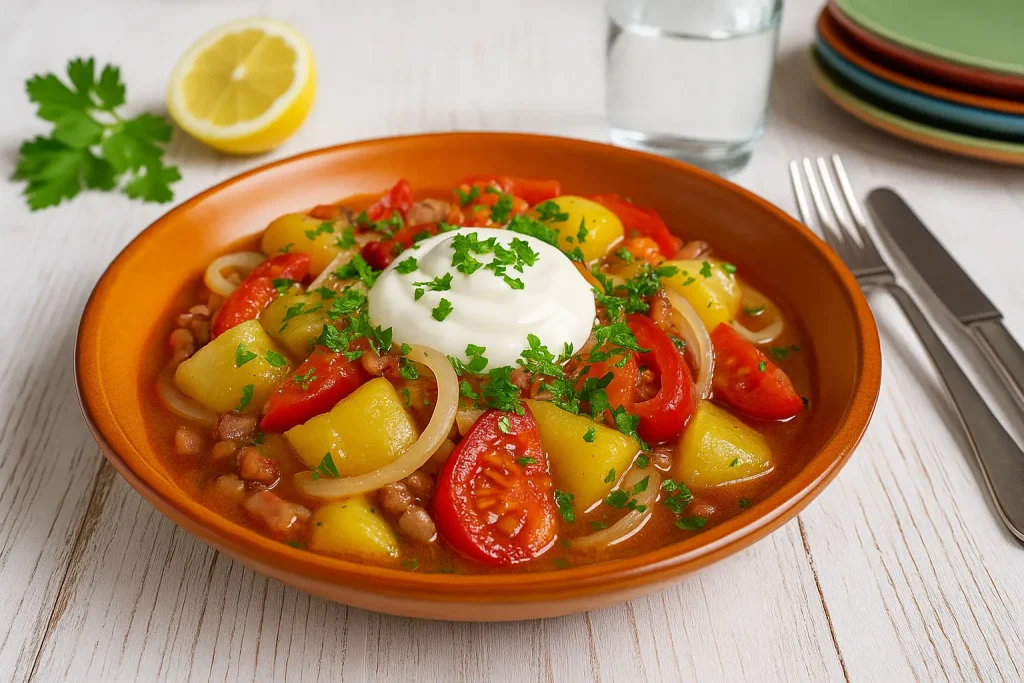 Budapesters smack on orange -colored shell, yellow cucumber pieces, peppers, tomatoes, onions and bacon with acid cream and fresh herbs, on white wooden table, modern cutlery, lots of decoration.