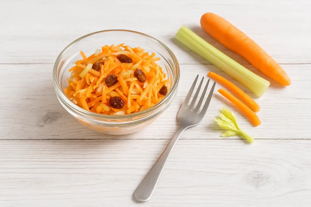   Carrot seller salad with raisins in a small glass bowl, on a white wooden table, next to the fork and vegetable chop.