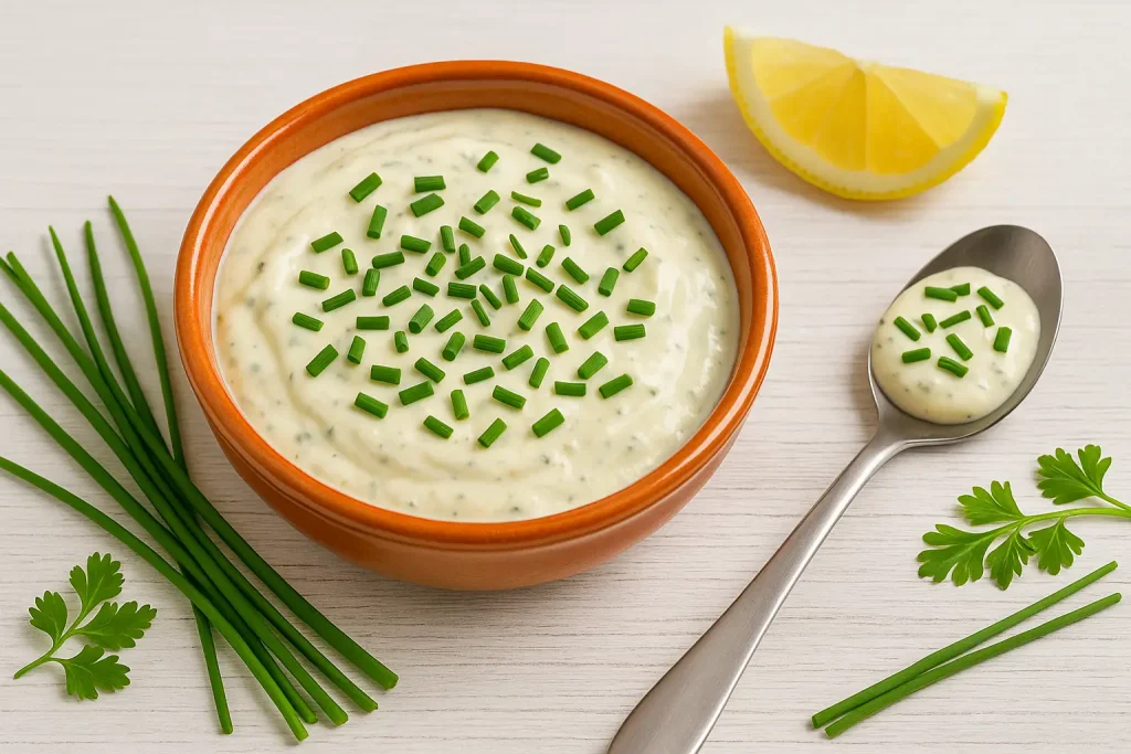  Creamy cream cheese cutting leek sauce in an orange bowl on white wooden table, decorated with fresh chives, lemon and modern cutlery.