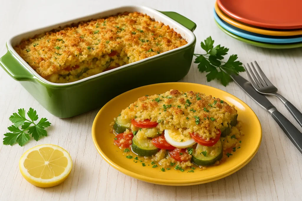  Cucumber uprising according to the GDR recipe in green baking dish, golden brown baked with cheese, a piece on yellow plates, visible layers made of cucumber, tomato and egg, modern cutlery, fresh parsley, white wooden plate.