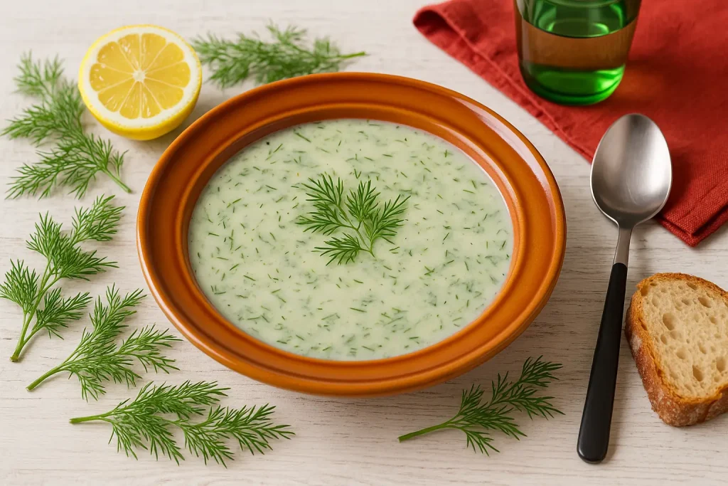   Creamy dill soup serves in the orange, rustic GDR plate on a white wooden background with dill branches, bread and modern table decoration.