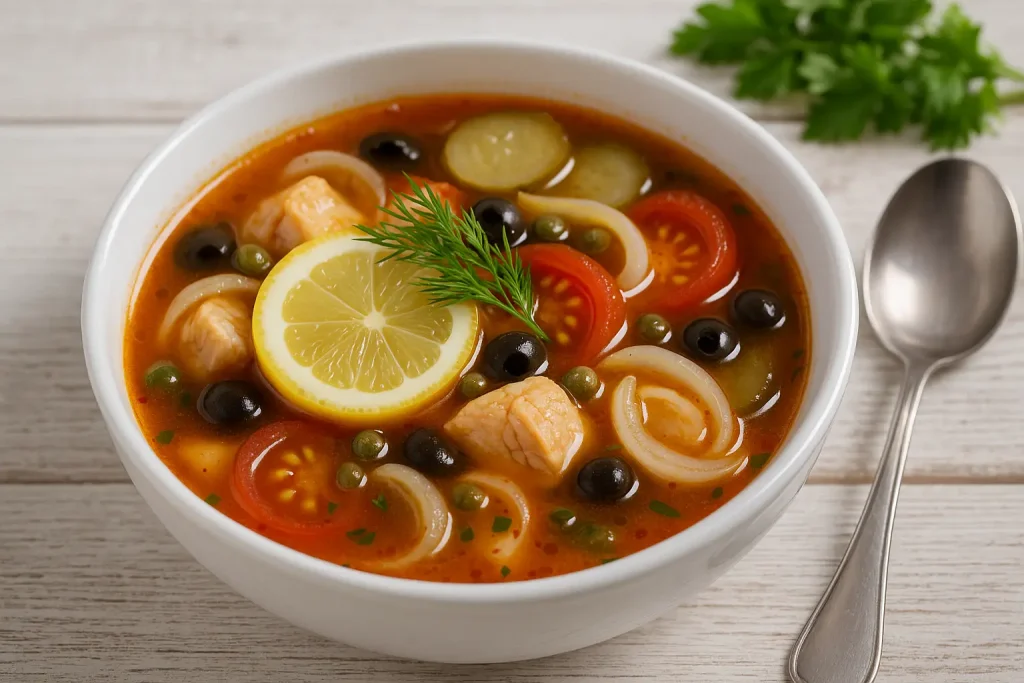   Fischsoljanka with capers, tomatoes, cucumbers, fish and herbs in a white soup bowl, plus lemon and dill on white wooden table.