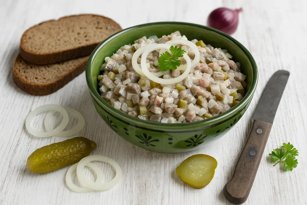   Häckerle without egg - traditional spread of salt hering, cucumber, onion and bacon in a green bowl on white wooden table, plus rye bread, onion rings and cucumber slices.