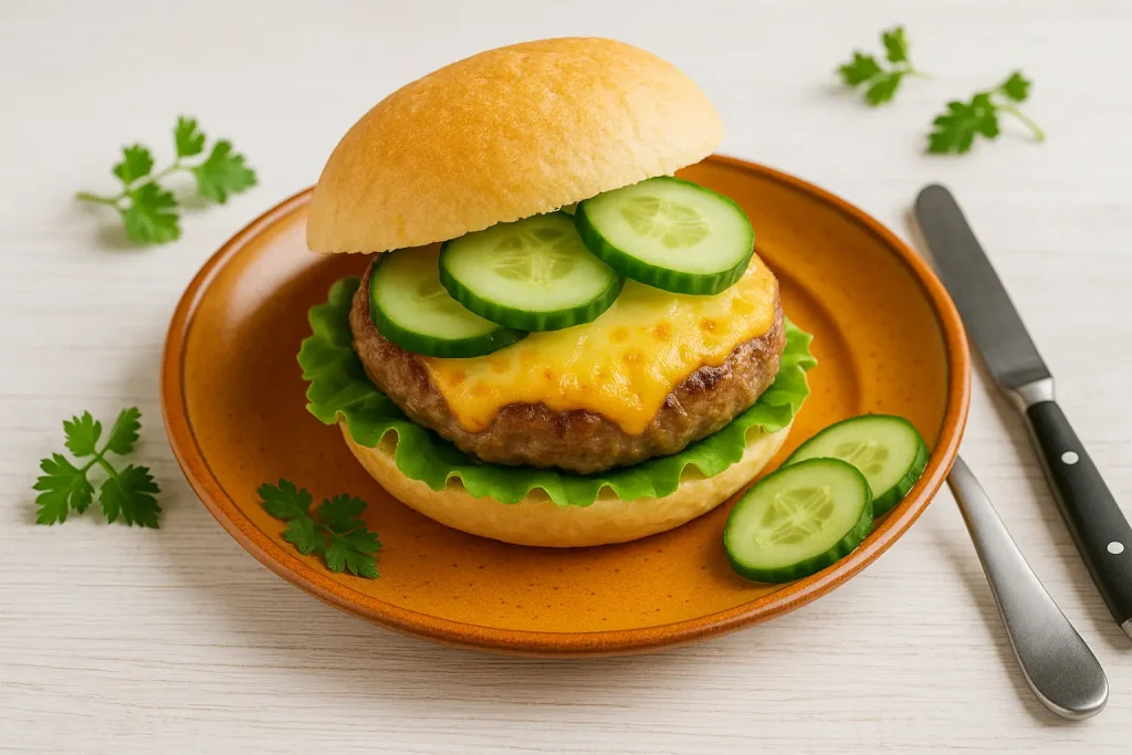   Hacksteak in the bakery roll with cheese and cucumber slices on the meat, served on orange plates, decorated with herbs and cutlery on white wooden table.