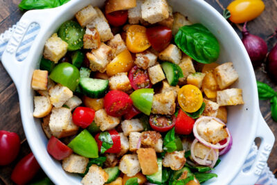Italian bread salad Panzanella with tomatoes and bread in the bowl