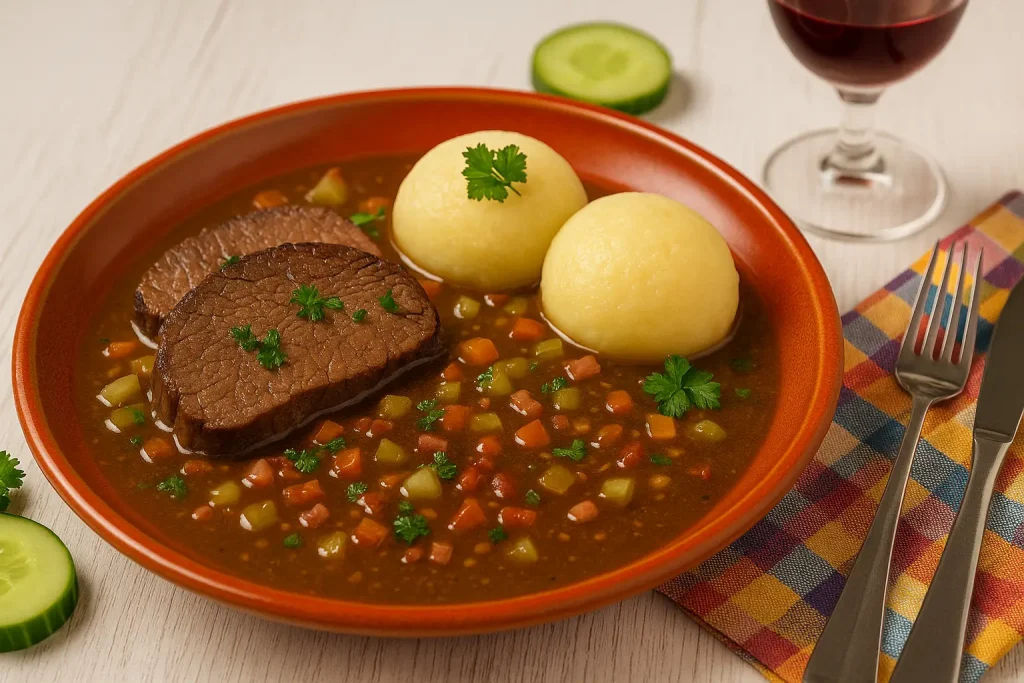   Mühlhausen roast roast with vegetable sauce, dumplings and parsley on red plates, plus red wine glass, cucumber and cutlery, everything in wide format on white wood.