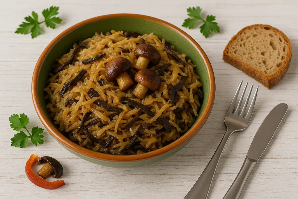   Old Polish sauerkraut with mushrooms in a rustic, green bowl on a white wooden background, garnished with fried mushroom huts, fresh parsley and a piece of bread, next to it modern cutlery.