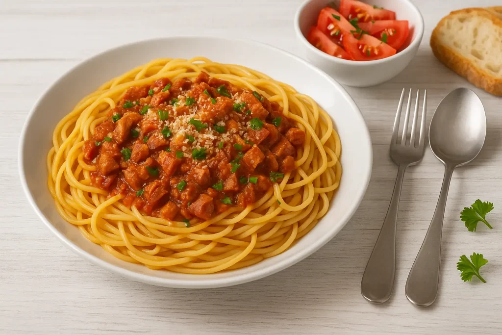   Spaghetti with canned fish in tomato sauce, bacon and onions on white plates, sprinkled with parsley and cheese, served with tomato salad.