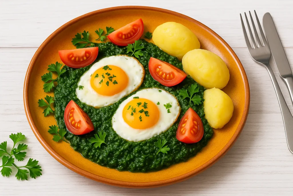   Spinat with fried egg and tomato dachts on orange plates, decorated with parsley and potato insert on white wooden table.