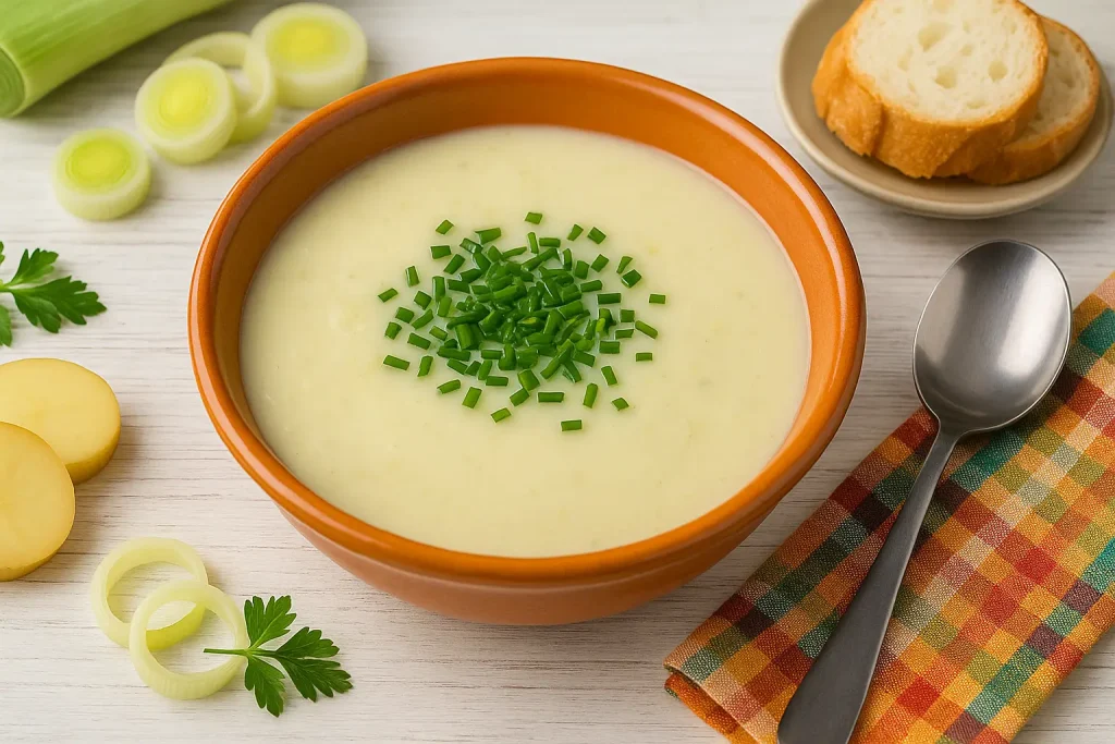   VichysSoise - creamy leek soup in orange -colored bowl, garnished with chives, plus baguette, leek, potatoes and cutlery in wide format on white wood.